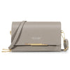 A light taupe women's multi-card shoulder wallet with gold hardware.