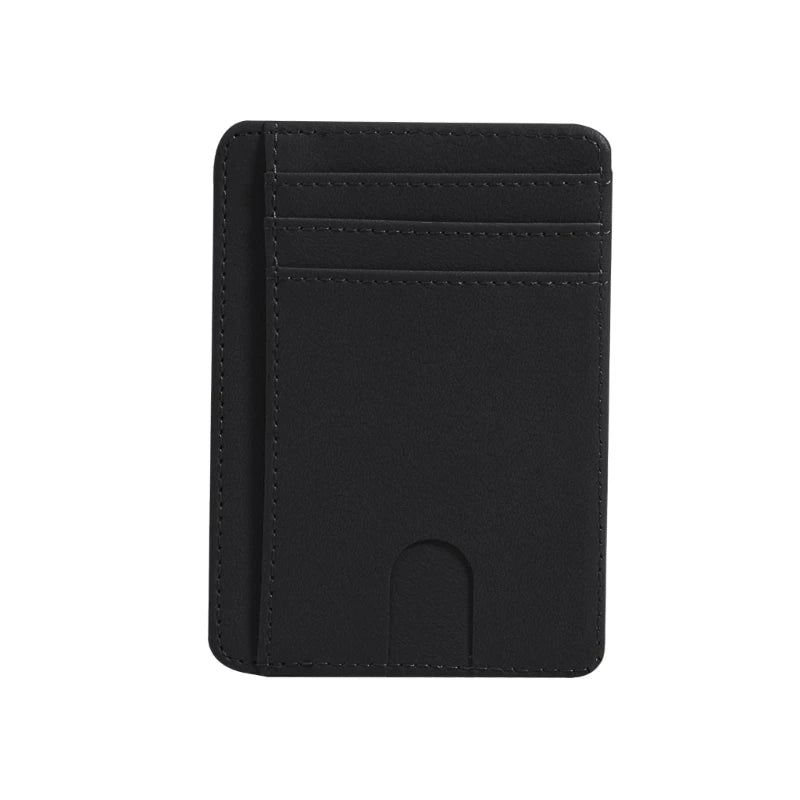 Black slim leather card holder wallet with stitched edges and a slot for cards.