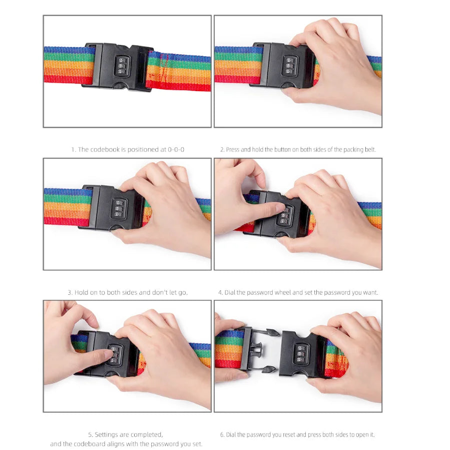 A person demonstrates the operation of adjustable luggage security straps, showing how to press buttons and dial a password.