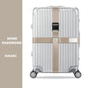 Silver adjustable luggage with a khaki strap and belt, featuring a none password lock.