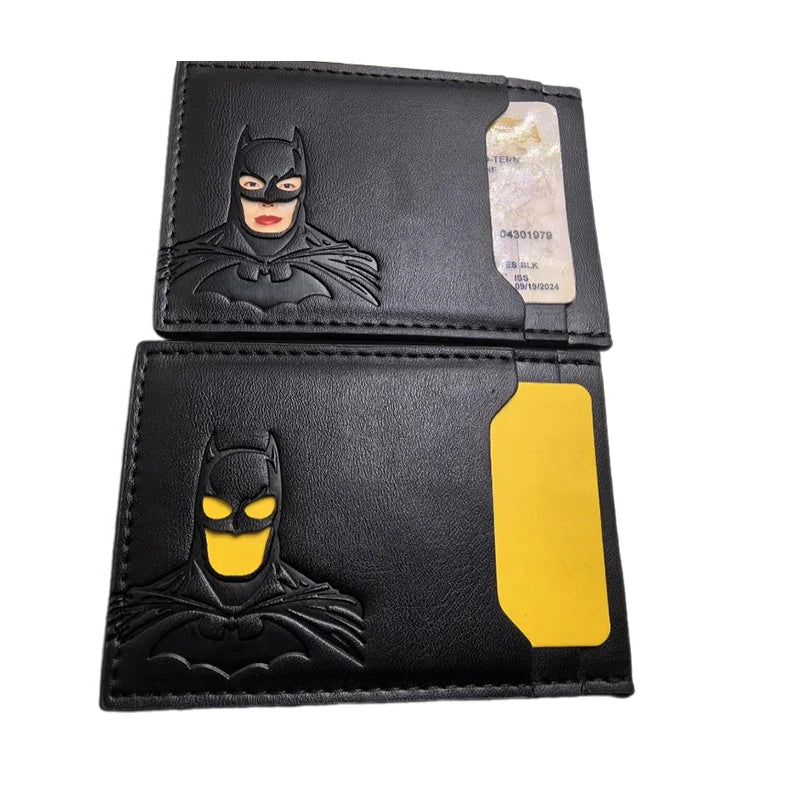 Black leather card holder featuring a Batman bat logo design and a yellow accent.