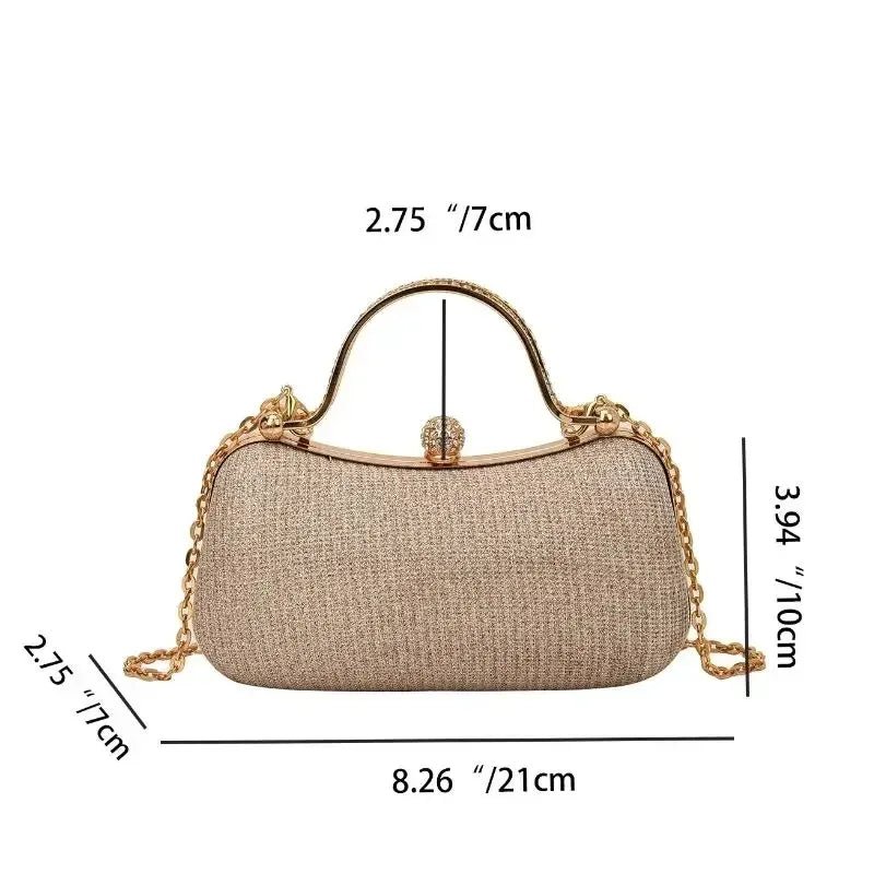 A beige glitter crossbody evening clutch bag with a gold chain strap and a textured fabric.