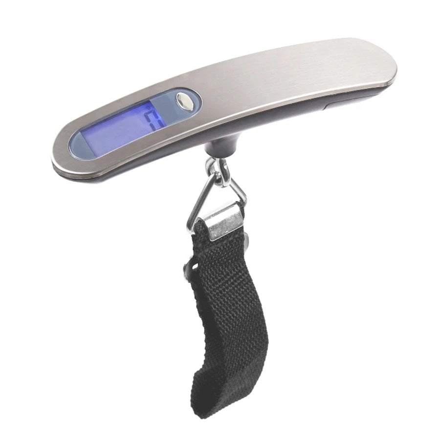 A portable digital luggage scale with a silver handle and attached strap.