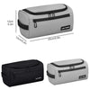 A light gray and black travel toiletry bag with a zippered compartment and buckles.