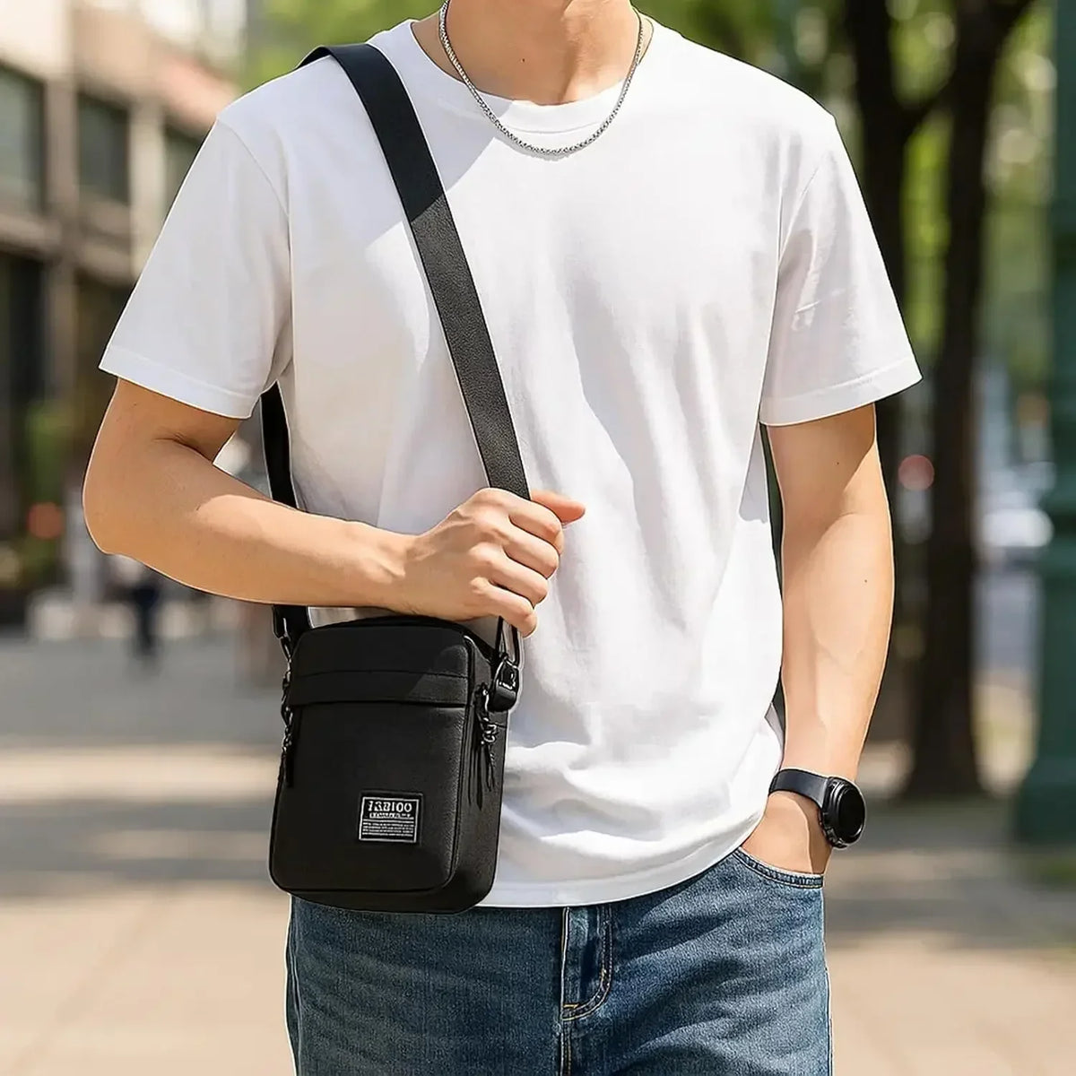 A man wearing a white t-shirt and jeans is carrying a black nylon crossbody sling bag.