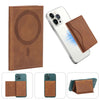 A brown magnetic leather card wallet designed for an iPhone, shown in various forms and angles.
