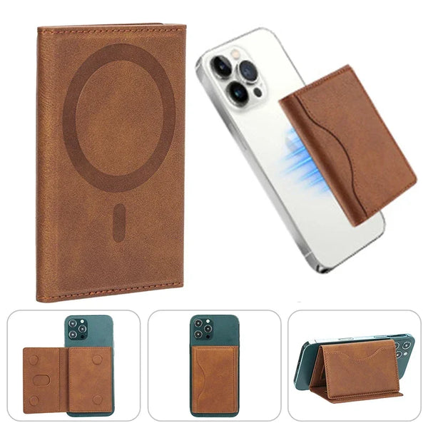 A brown magnetic leather card wallet designed for an iPhone, shown in various forms and angles.