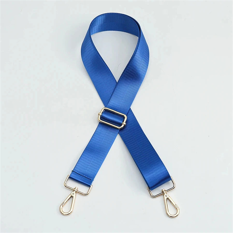 Blue nylon adjustable shoulder strap for bags with metal clasps