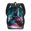 A black backpack featuring an image of a motorcyclist riding a futuristic bike at night.
