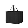 A black reusable eco-friendly tote bag with handles, shown from the front.