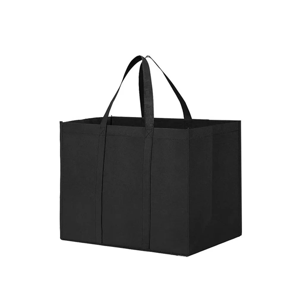 A black reusable eco-friendly tote bag with handles, shown from the front.