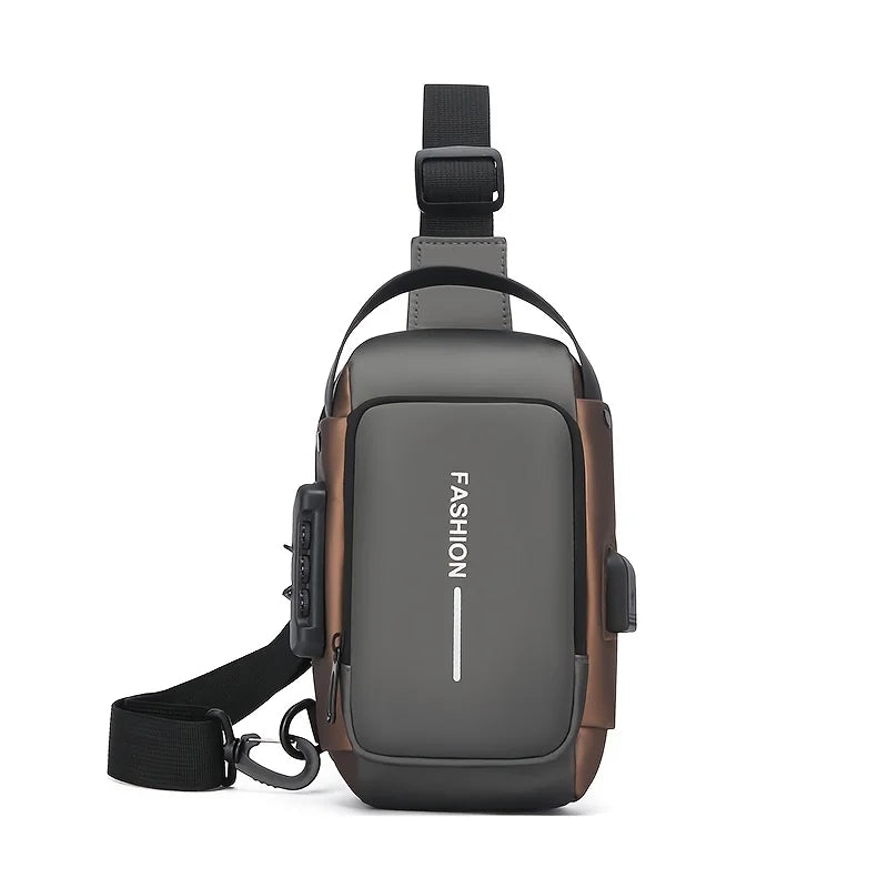 A dark brown and gray durable men's oxford sling bag with a black strap is shown against a white background.