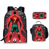 A black backpack set featuring a football player design, including a main bag and two smaller lunch bags.