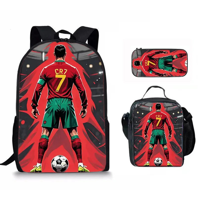 A black backpack set featuring a football player design, including a main bag and two smaller lunch bags.