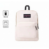 Sac à dos Jansport blanc avec des icônes indiquant un compartiment pour ordinateur portable et une section de rangement sépar