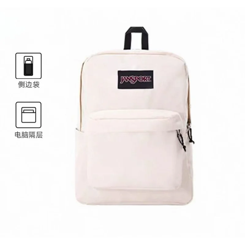 Sac à dos Jansport blanc avec des icônes indiquant un compartiment pour ordinateur portable et une section de rangement sépar