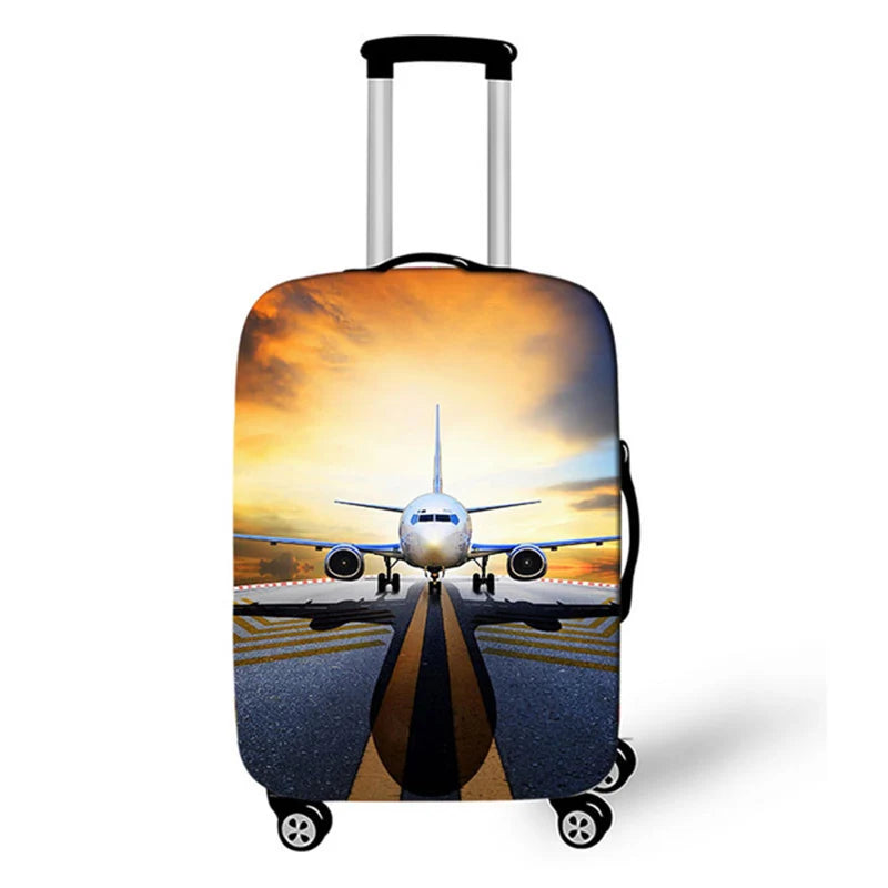 A suitcase with a vibrant sunset sky design printed on the exterior.