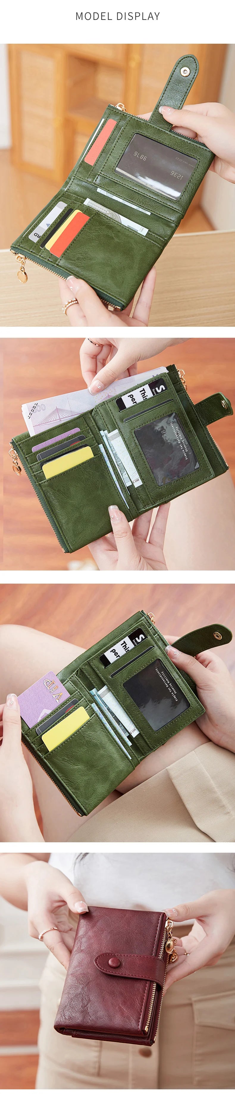 A close-up display of a green leather card holder wallet with gold accents, shown in various orientations.