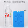 A clear plastic bottle of water next to a blue reusable ice pack for cooling food and drink.
