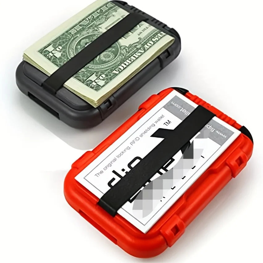 An orange anti-RFID blocking wallet is shown next to a stack of US dollar bills.