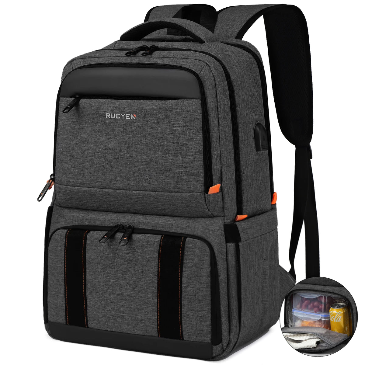 A gray insulated lunch and picnic backpack with black accents and a black strap.