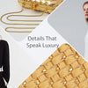A close-up of a gold handwoven clutch bag displayed alongside a model wearing a black and white outfit.