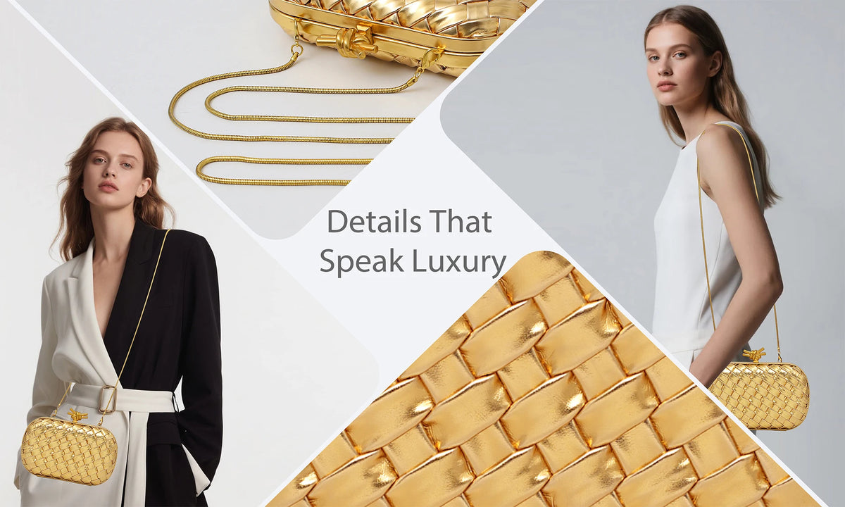 A close-up of a gold handwoven clutch bag displayed alongside a model wearing a black and white outfit.