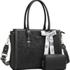 Black vintage PU leather laptop tote bag with a floral scarf and matching clutch.