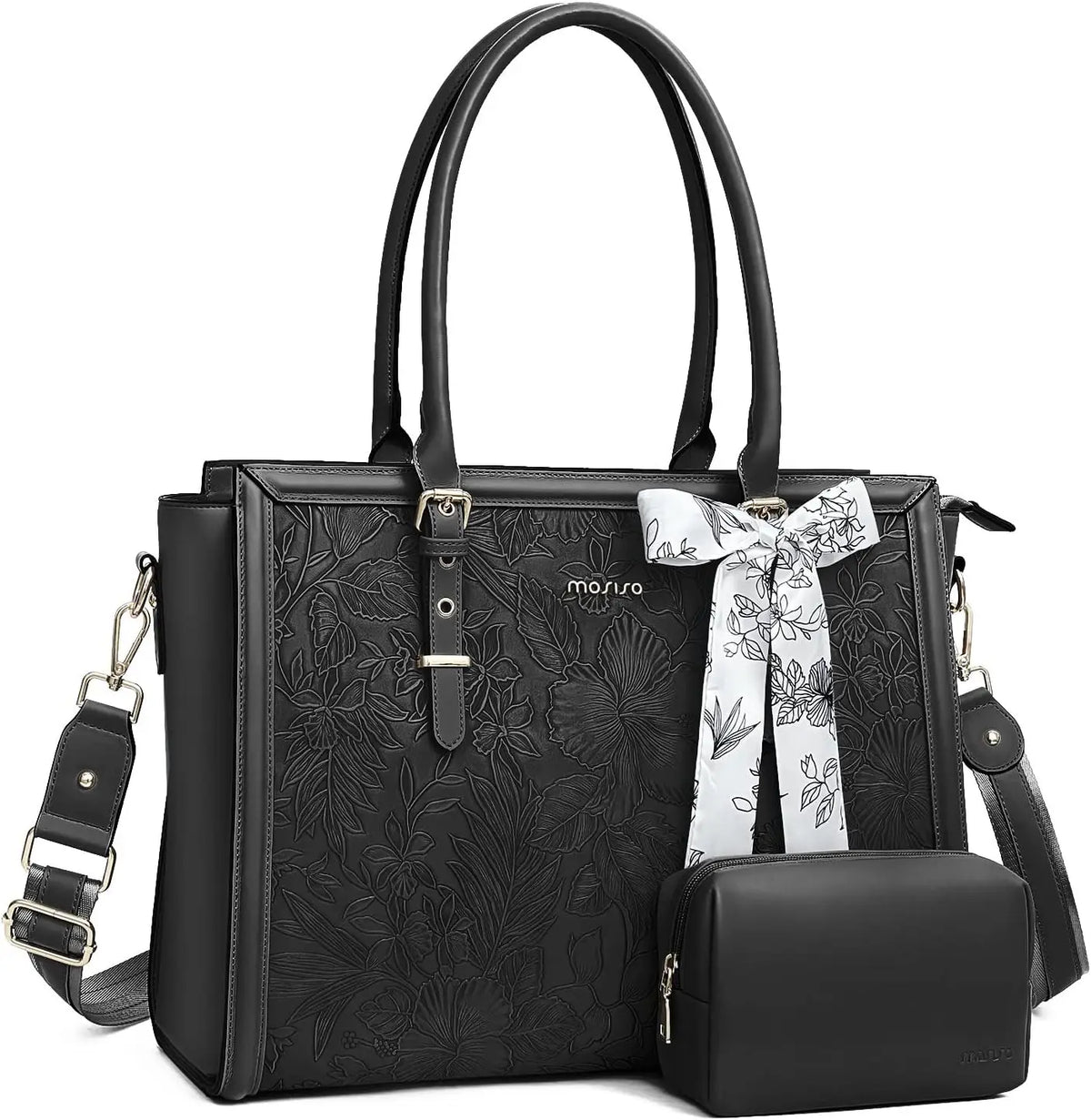 Black vintage PU leather laptop tote bag with a floral scarf and matching clutch.