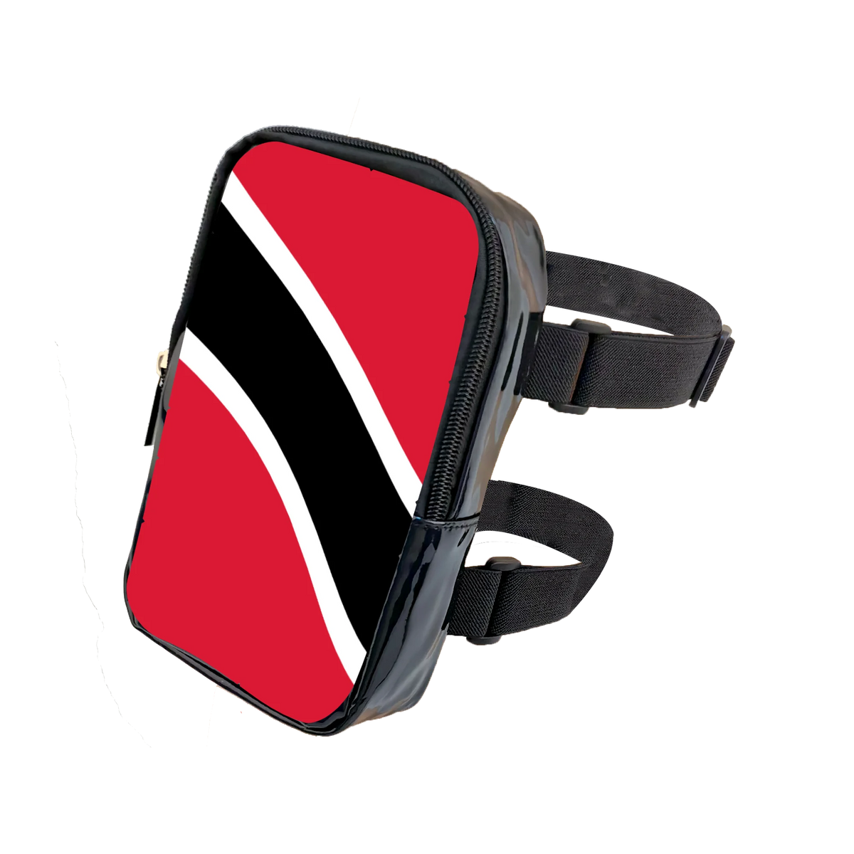 A red and white diagonal design on an adjustable black PU waist pouch for festival wear.