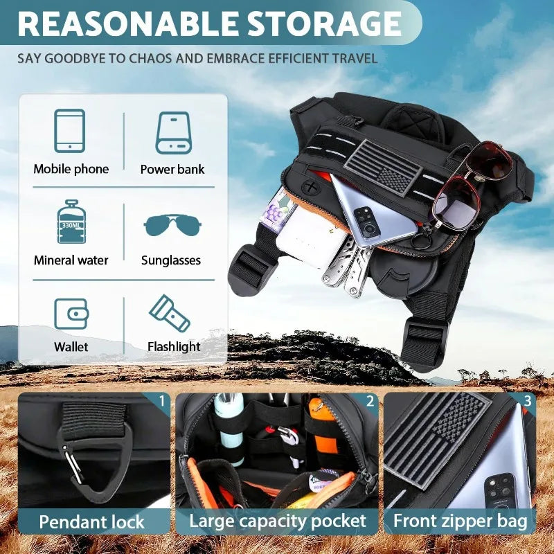 A black tactical chest bag is shown with various accessories like a mobile phone, power bank, sunglasses, wallet, and flashli