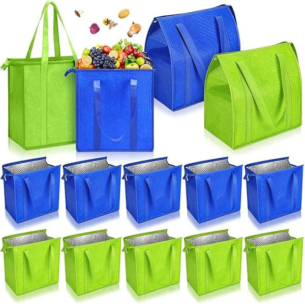 Various colored insulated tote bags, including green and blue, shown in different angles.