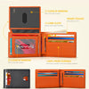 An orange leather trifold wallet with clear ID windows and card slots shown alongside a black carbon fiber wallet.