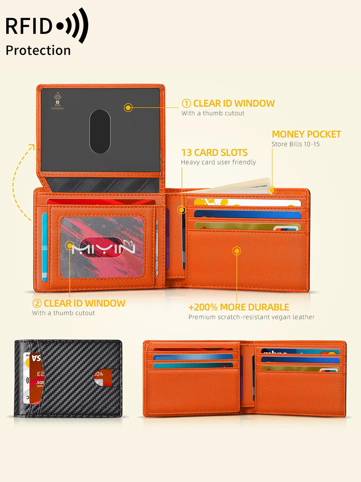 An orange leather trifold wallet with clear ID windows and card slots shown alongside a black carbon fiber wallet.