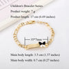 A gold-colored children's bracelet with a butterfly charm shown next to product dimensions.