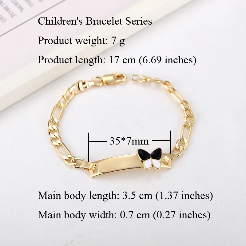 A gold-colored children's bracelet with a butterfly charm shown next to product dimensions.