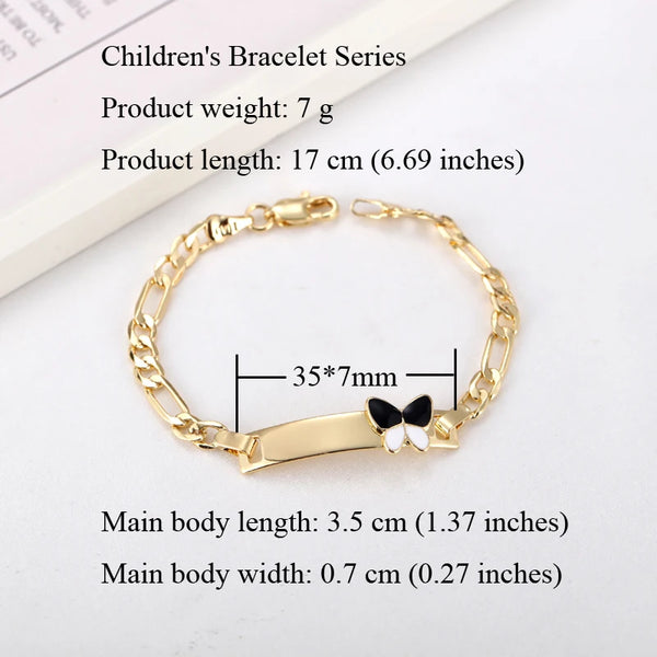 A gold-colored children's bracelet with a butterfly charm shown next to product dimensions.