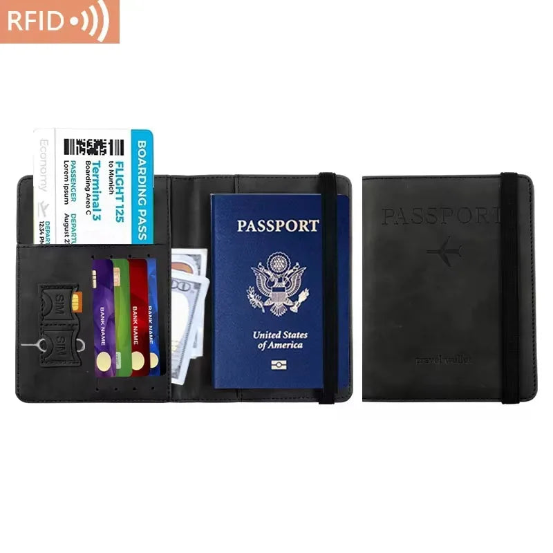Black unisex PU leather passport holder with RFID blocking featuring various identification documents.