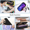A multi-function luxury leather pencil case shown in various colors and usage contexts.