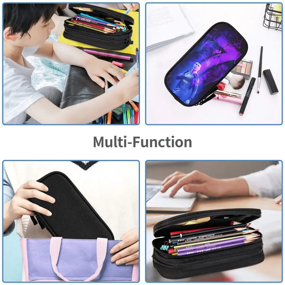 A multi-function luxury leather pencil case shown in various colors and usage contexts.