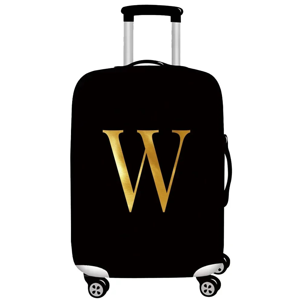 Black rolling suitcase with a gold letter W design.