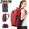 A red and black waterproof hiking backpack shown in various views.