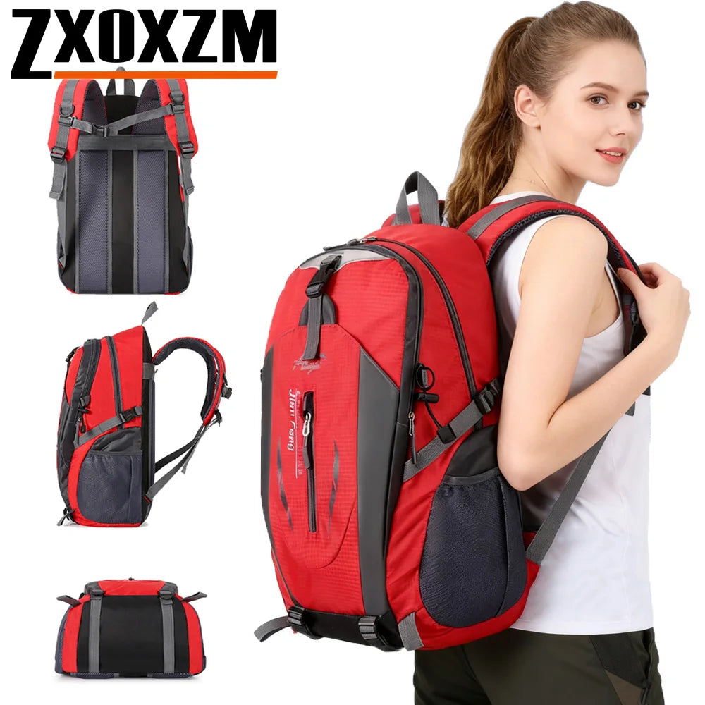 A red and black waterproof hiking backpack shown in various views.