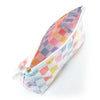 A cosmetic storage pouch with a checkered pattern featuring pink, purple, and blue stripes.