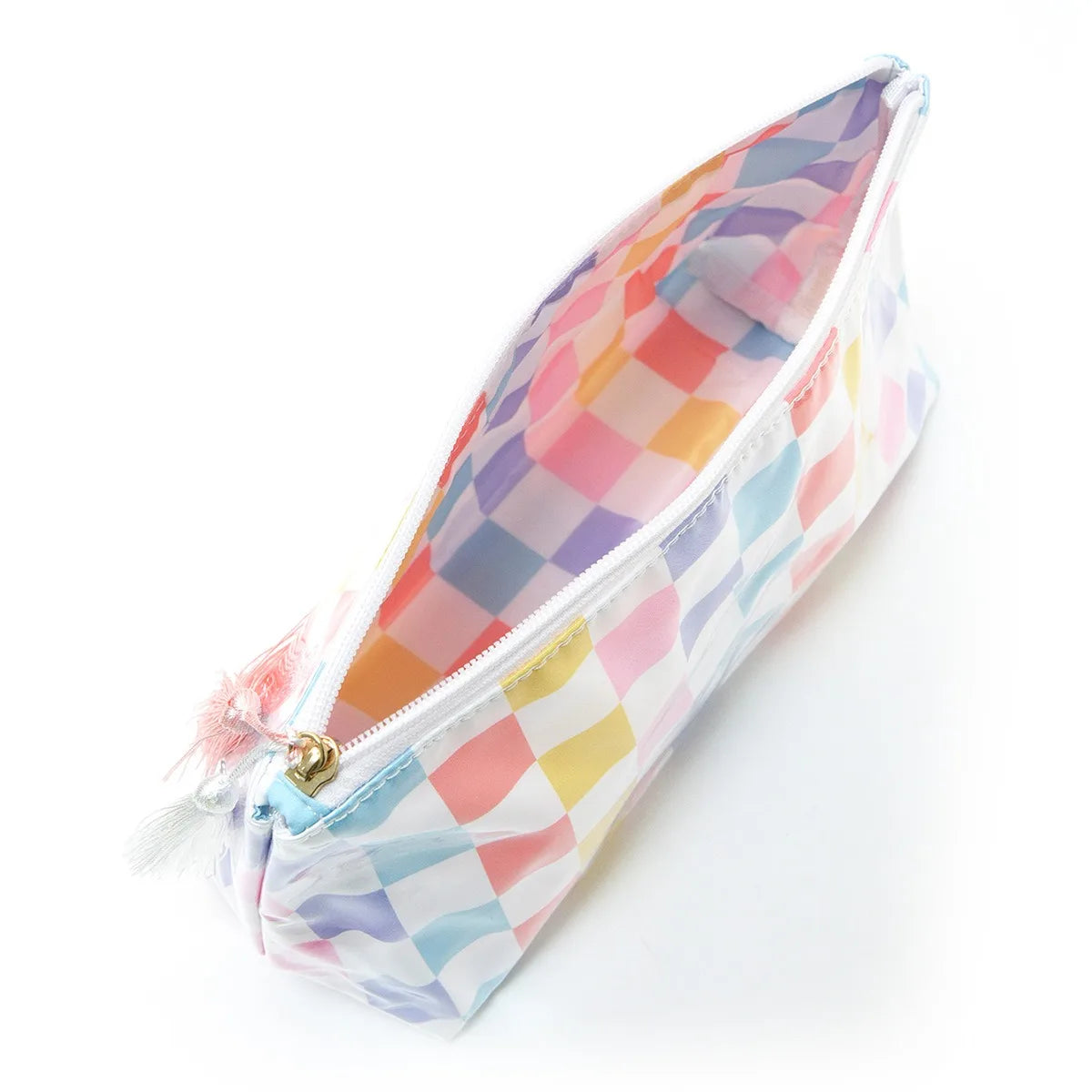 A cosmetic storage pouch with a checkered pattern featuring pink, purple, and blue stripes.
