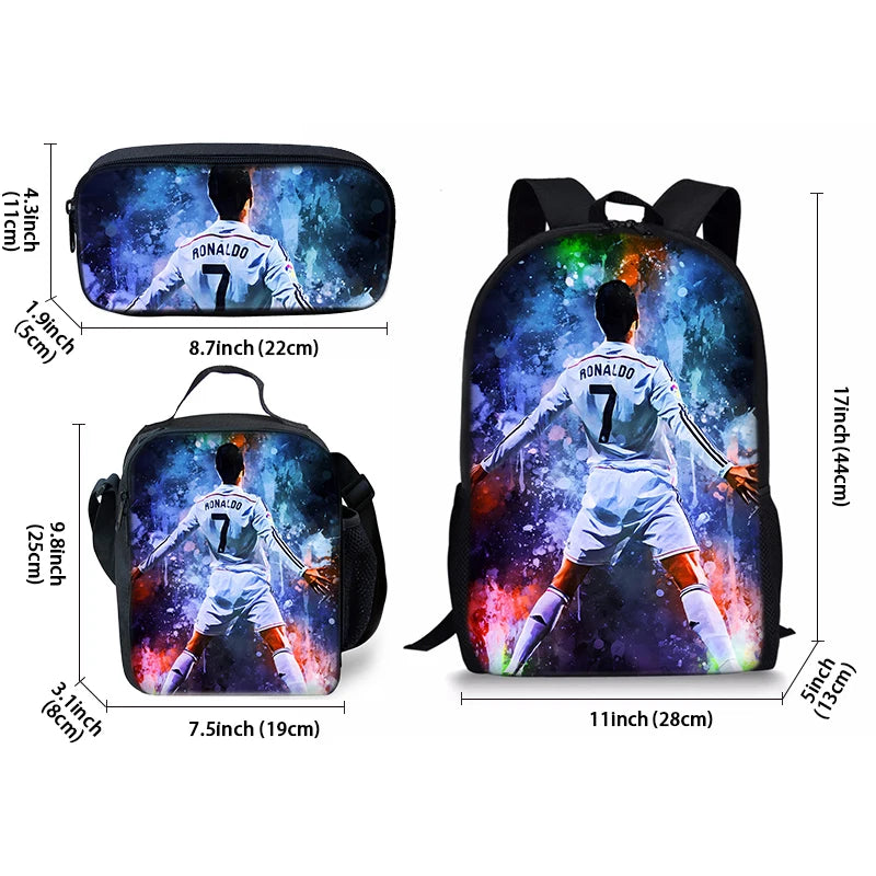 A set of three football player themed cartoon backpacks in blue and black.