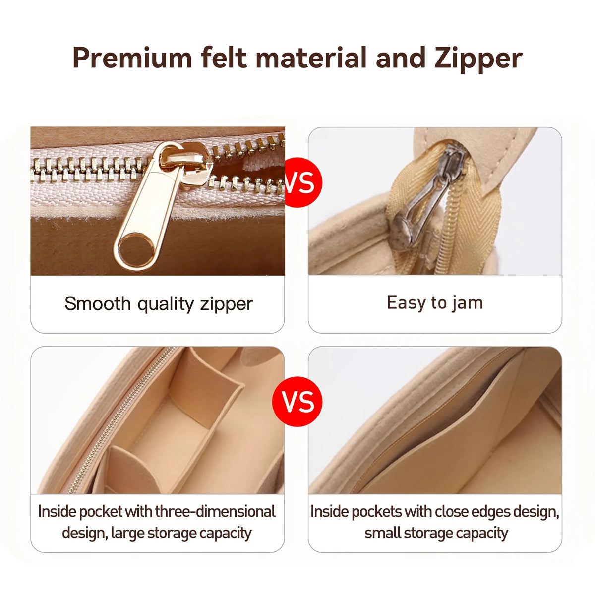 Comparison of a smooth quality zipper and an easy to jam zipper, and inside pockets with large storage capacity versus small 
