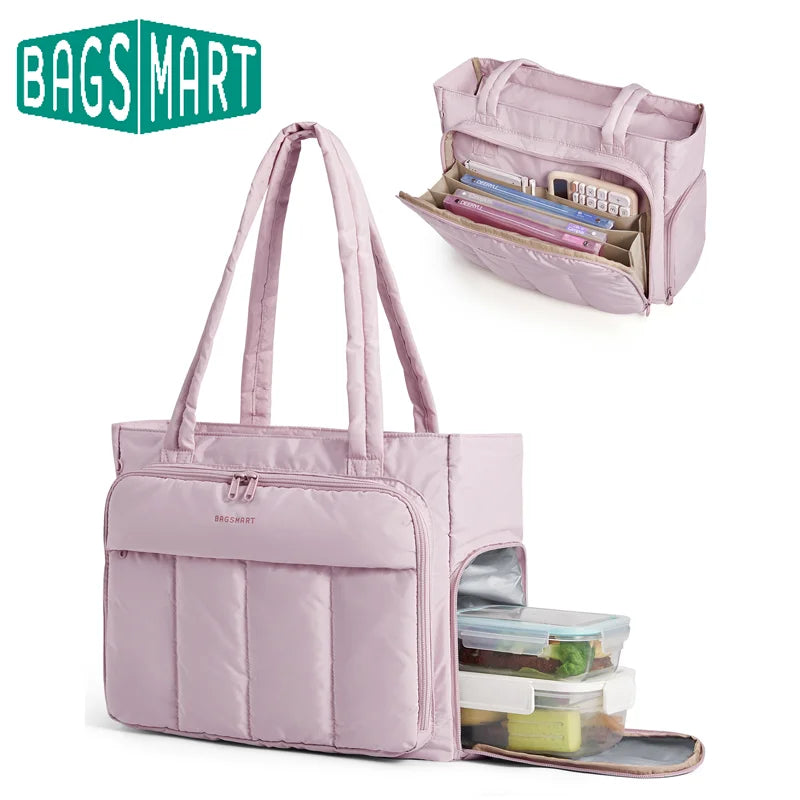 A pink insulated multi-pocket work tote bag with a laptop compartment and a clear storage container.