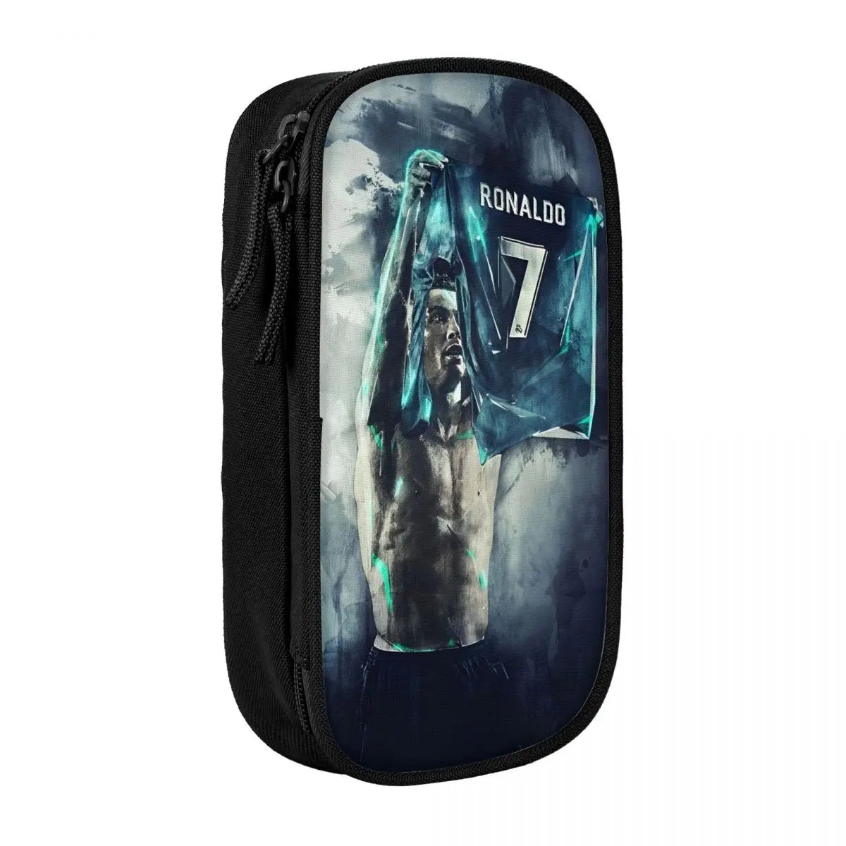 A black pencil case featuring a graphic of Cristiano Ronaldo with the number 7 and text.