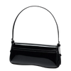 A black PU leather shoulder bag with an adjustable strap shown against a dark background.